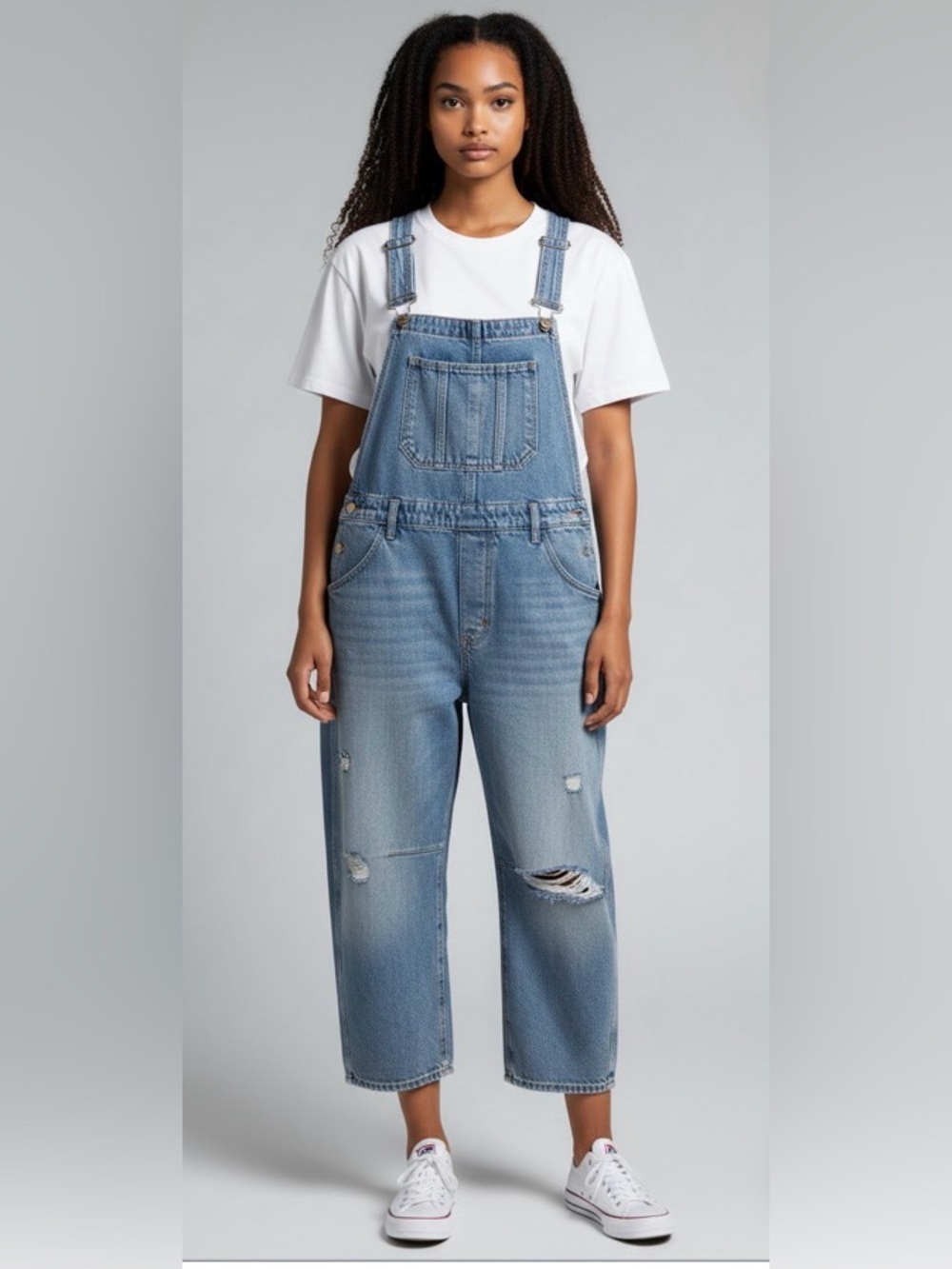 Free People Light Blue Barrel Denim Distressed knee Overalls
